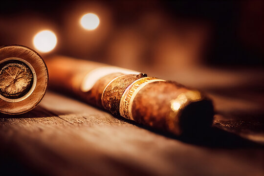 Cigars  on a wooden desk, closeup view. Cuban quality cigar tobacco smoking luxury lifestyle. 3d render
