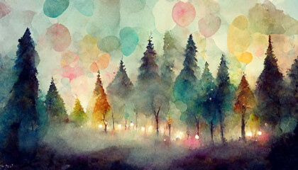 A fabulous watercolor ancient illustration of a tree of life with a bright aura. Magic fairy forest.