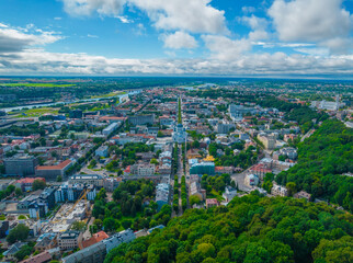 Aerial landscape of Kaunas newer city center part and Laisves Aleja, literally Liberty Boulevard or Liberty Avenue, is a prominent pedestrian street