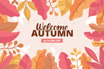 Colourful flat vector illustration: Autumn leaves background and text. Welcome Autumn template for poster, banner, advertising.