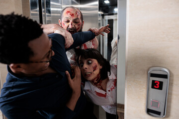 Aggressive eerie zombies attacking afraid man, leaving elevator and hunting person to eat brain....