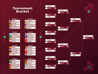 World Cup Football 2022 playoff match schedule with groups and national flags. Tournament bracket. 2022 Football results table, participating to the final championship knockout. vector illustration