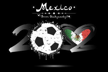 2022 and soccer ball. Heart with flag of Mexico