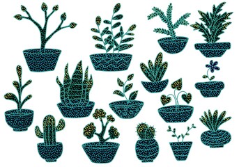 Set home flower and leaves and pots for wrapping paper and stickers and notebooks and kids and fabrics and shops