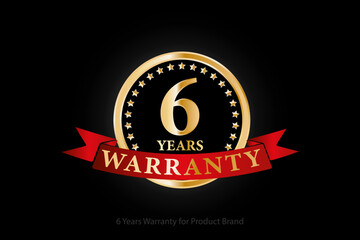 6 years golden warranty logo with ring and red ribbon isolated on black background, vector design for product warranty, guarantee, service, corporate, and your business.