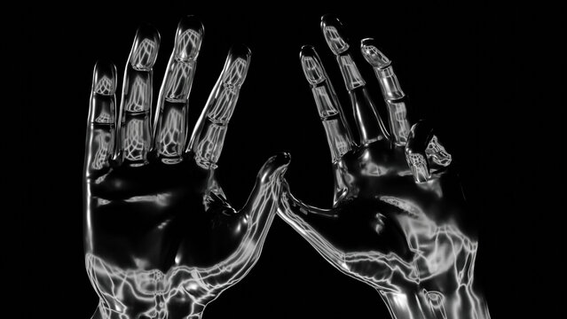 Nine Fingers
3D-Illustration:
Two metallic hands count to ten: showing nine fingers.
Can be used as a futuristic illustration