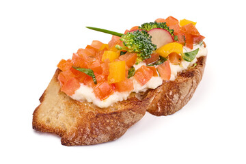 Bruschetta with various toppings, isolated on white background. High resolution image.