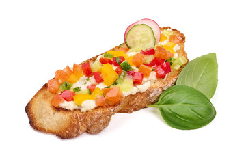 Bruschetta with various toppings, isolated on white background. High resolution image.