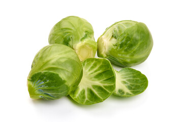 Fresh green Brussels sprouts, isolated on white background. High resolution image.
