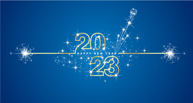 Happy New Year 2023 eve line design loading sparkle firework champagne open golden white blue vector wallpaper greeting card