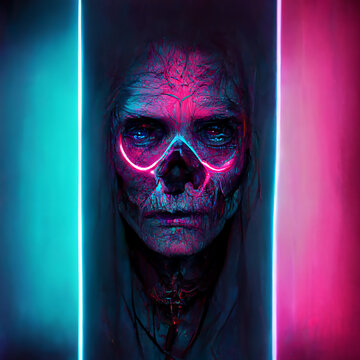 zombie face , metaverse character face-3 , Human image changing with the future ,Neon human skull surrounded by neon lights , the way the Native American of the past looks in the world of the future
