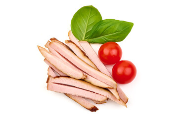 Cold smoked loin slices, isolated on white background.