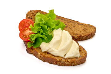 Crostini with cream cheese, isolated on white background. High resolution image.
