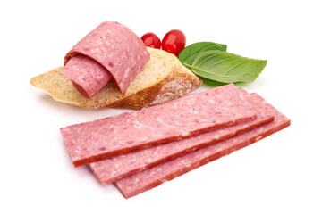 Sandwich with salami sausage, isolated on white background.