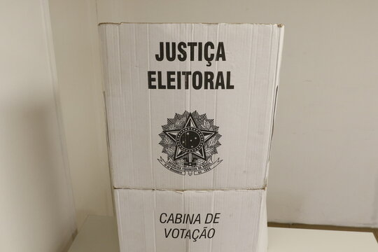 Electronic urn ballot box. Brazilian elections. Digital vote device On voting booth. System by Electoral Justice, UE 2020 model used at 2022 presidential elections