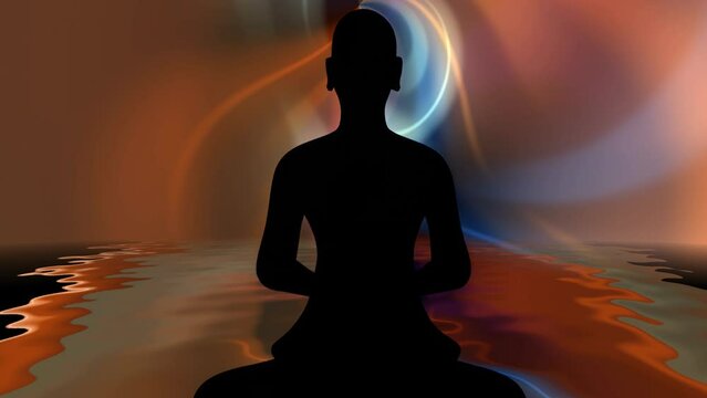 Buddhist monk in meditation pose against energy background