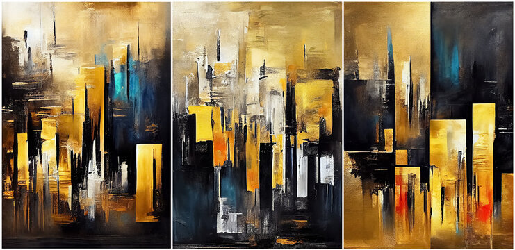 Abstract oil painting background with gold, blue and silver tones, digital painting with detailed texture.  Created with generative ai technology