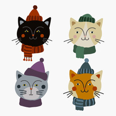 Set of cute cats wearing winter hats and scarves set. Vector flat illustration with animal faces.