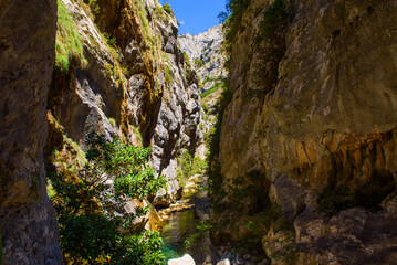 Cares river gorge route. Hiking trail in Picos de Europa National Park, Spain. Mountain path between impressive cliffs