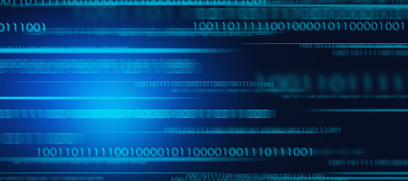 Blue digital illustration with a flowing binary code on a banner. Running blue binary codes on a dark background with copy space. Technology, coding, data, virtual reality. High quality photo