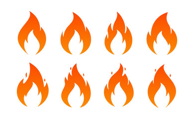 Fire flame icons. Vector simple burning campfire silhouette symbols, hot chile sauce, bonfire shape. Set of fire logos