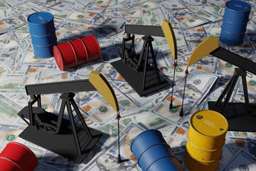 Oil wells and colourful oil barrels on US $100 dollar banknote bills. Illustration of the concept of making money by oil production, cruel oil trading and surging price of petroleum - obrazy, fototapety, plakaty