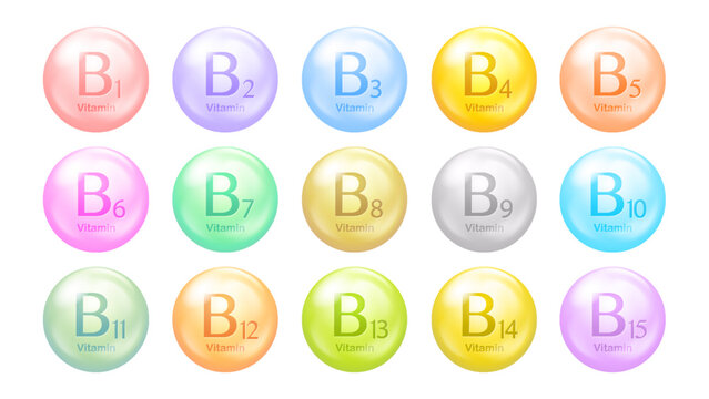 Vitamins B group vector icons. Set of round multicolored pills. Healthy life concept
