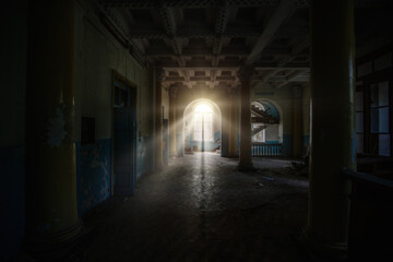 Old dark creepy abandoned ruined haunted theater hallway