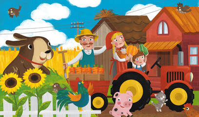 Obraz na płótnie Canvas cartoon ranch scene with happy farmer family and dog illustration
