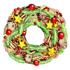 Hand drawn sketch markers illustration of wonderful Christmas wreath.