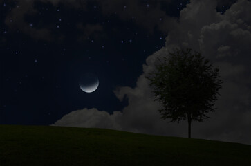 Fototapeta premium Beautiful cresent moon in blue sky behind grass hill