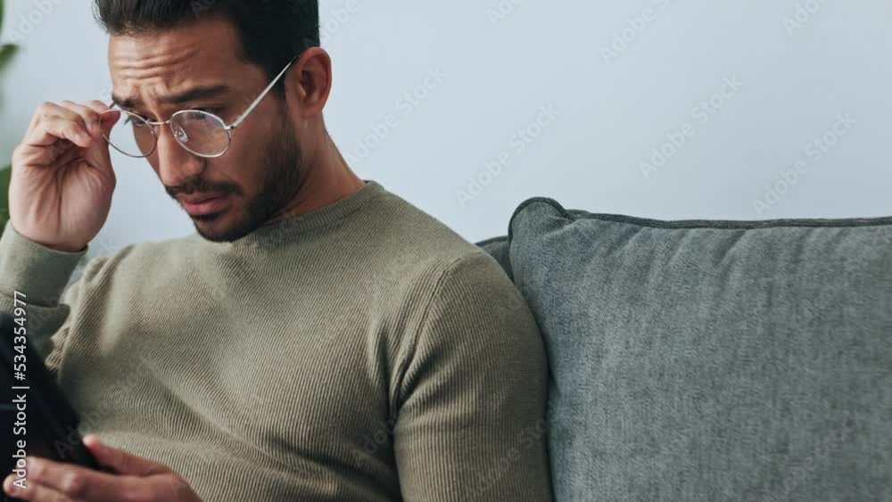 Aufkleber Tablet planning, reading email and man on funny internet website, search for idea on the web and networking on mobile app on the sofa in house. Asian entrepreneur laughing at notification on tech