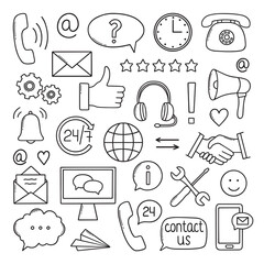 Hand drawn set of customer service doodle icons. Client support, call center in sketch style. Hotline symbols: Phone, clock, shaking hands, headphones. Vector illustration isolated on white background © AnyaLi