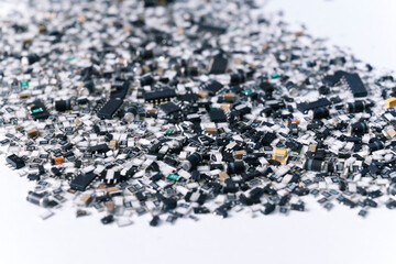 Scattered electronic parts and components of a circuit board. Modern technology. Manufacturing...