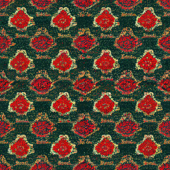 Red and green floral seamless pattern with texture of Persian wool carpet. AI-generated, not based on any actual photo