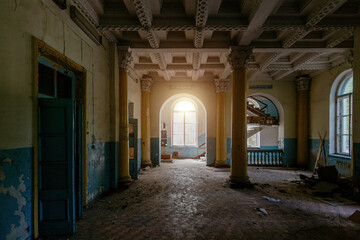 Fototapeta na wymiar Old dark creepy abandoned ruined haunted theater hallway