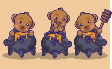 Fototapeta premium cute bear and a big couldron and honey bundle