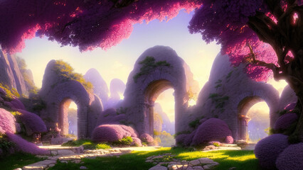 Fairytale garden with stone arch and lilacs. Fantasy landscape, lilac bushes, stone arch, portal, entrance, unreal world. 3D illustration