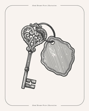 An elegant key to an ancient lock with a keychain in engraving style. Antique key with Victorian swirls on a white isolated background. Vintage vector illustration for postcard design or book.
