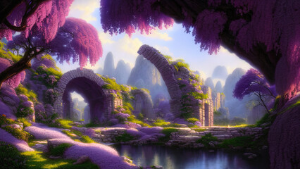 Fairytale garden with stone arch and lilacs. Fantasy landscape, lilac bushes, stone arch, portal, entrance, unreal world. 3D illustration