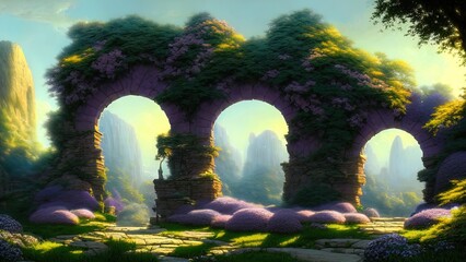 Fairytale garden with stone arch and lilacs. Fantasy landscape, lilac bushes, stone arch, portal, entrance, unreal world. 3D illustration