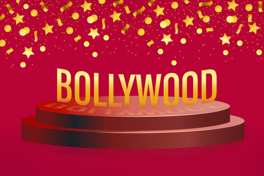 Bollywood indian cinema. 3d style. Podium with circles, stars, ribbons on a red background. Vector illustration.