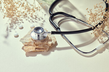 Stethoscope with natural, delicate beige background and props. Health care and medicine concept......