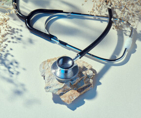Stethoscope with natural, delicate beige background and props. Health care and medicine concept......