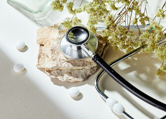 Stethoscope with natural, delicate beige background and props. Health care and medicine concept......