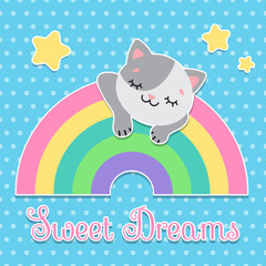 Postcard Sweet dreams. the cat sleeps on the rainbow. Pastel palette. cute simple flat vector