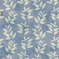 Seamless botanical pattern, leaves on a branch painted in watercolor. Abstract background with leaves for design.