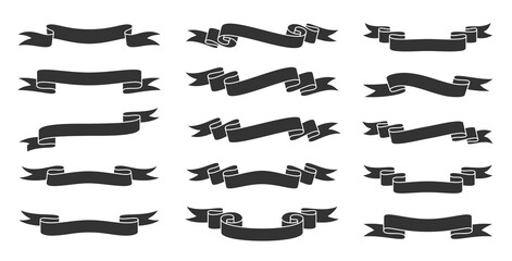 Ribbon black flat set. Simple retro ribbons collection. Vintage graphic blank tape template. Elegant modern swirling stripe. Curled blank heading banner, title decoration, badge, text frame emblem