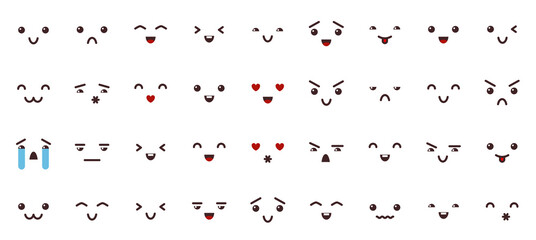 Emoji black line icons set. Emoticon outline isolated face icon. Chat expression sign. Message funny design element. Cheerful facial emotion symbol. Smile comic mood person web pictogram collection