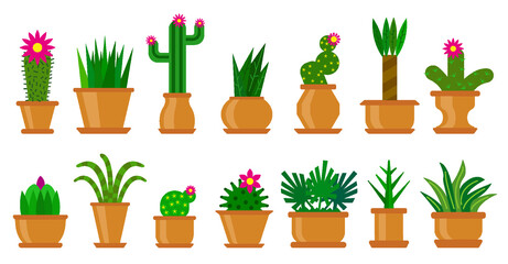Cactus and succulent flat icon set. Different shapes of flowering cacti with prickles in flower pots. Green houseplant collection. Cartoon home blooming aloe vera isolated on white background
